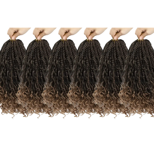 Short Boho Box Braids with Curly Ends – 12 Inch Pre-Looped Crochet Hair #1B/27 6-Pack “Full Head Set"