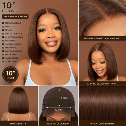 Perruque Bob Courte en Cheveux Humains avec Lace Front HD 13x4 – Lisse 10″ Couleur #4 Brun Naturel
