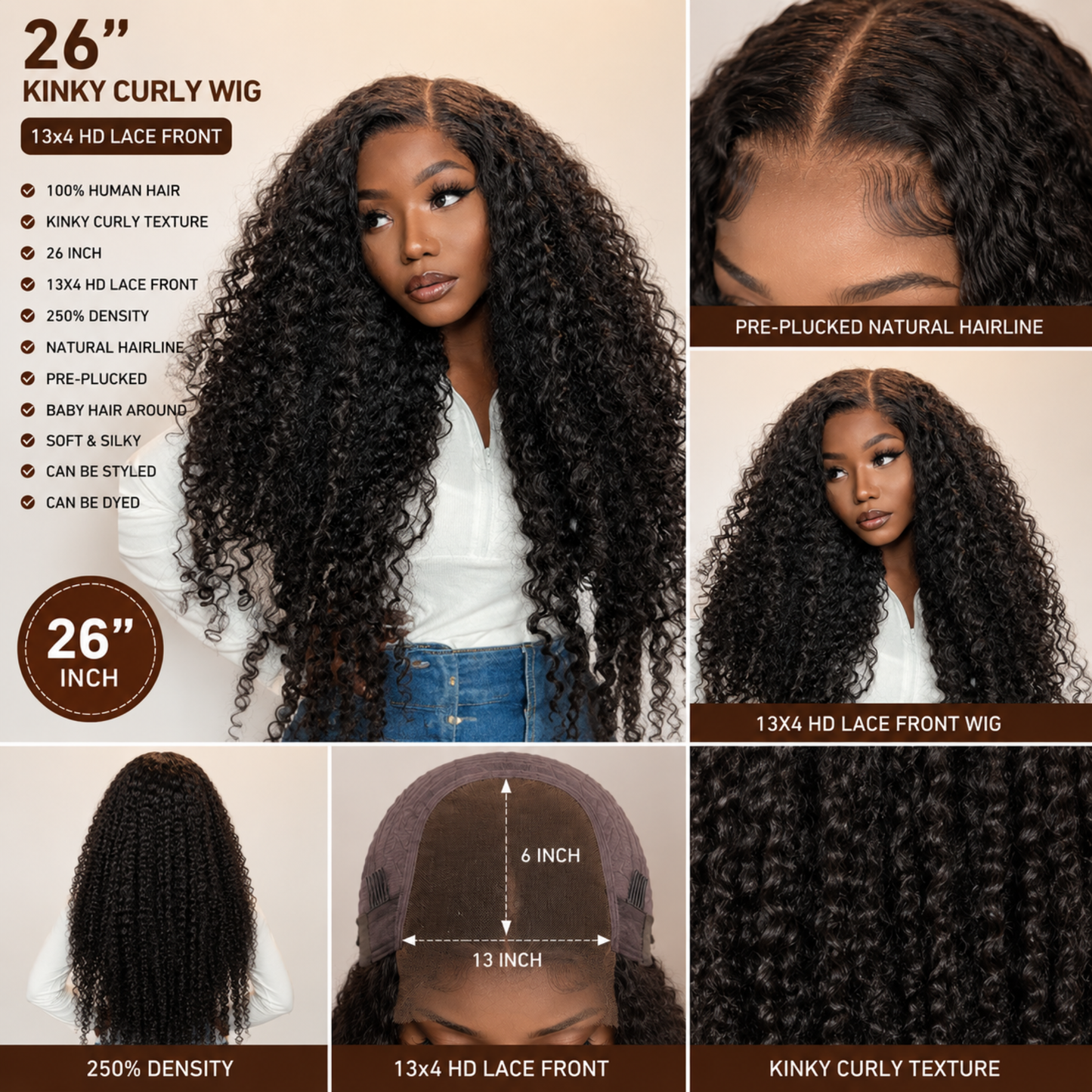Perruque en cheveux humains kinky bouclés avec lace front HD 13x4 – 26 po, volume intense 250 %