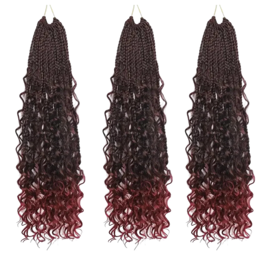 Long Boho Box Braids with Loose Curls – 18" Pre-Looped Crochet Hair, #TBUG 3-Pack