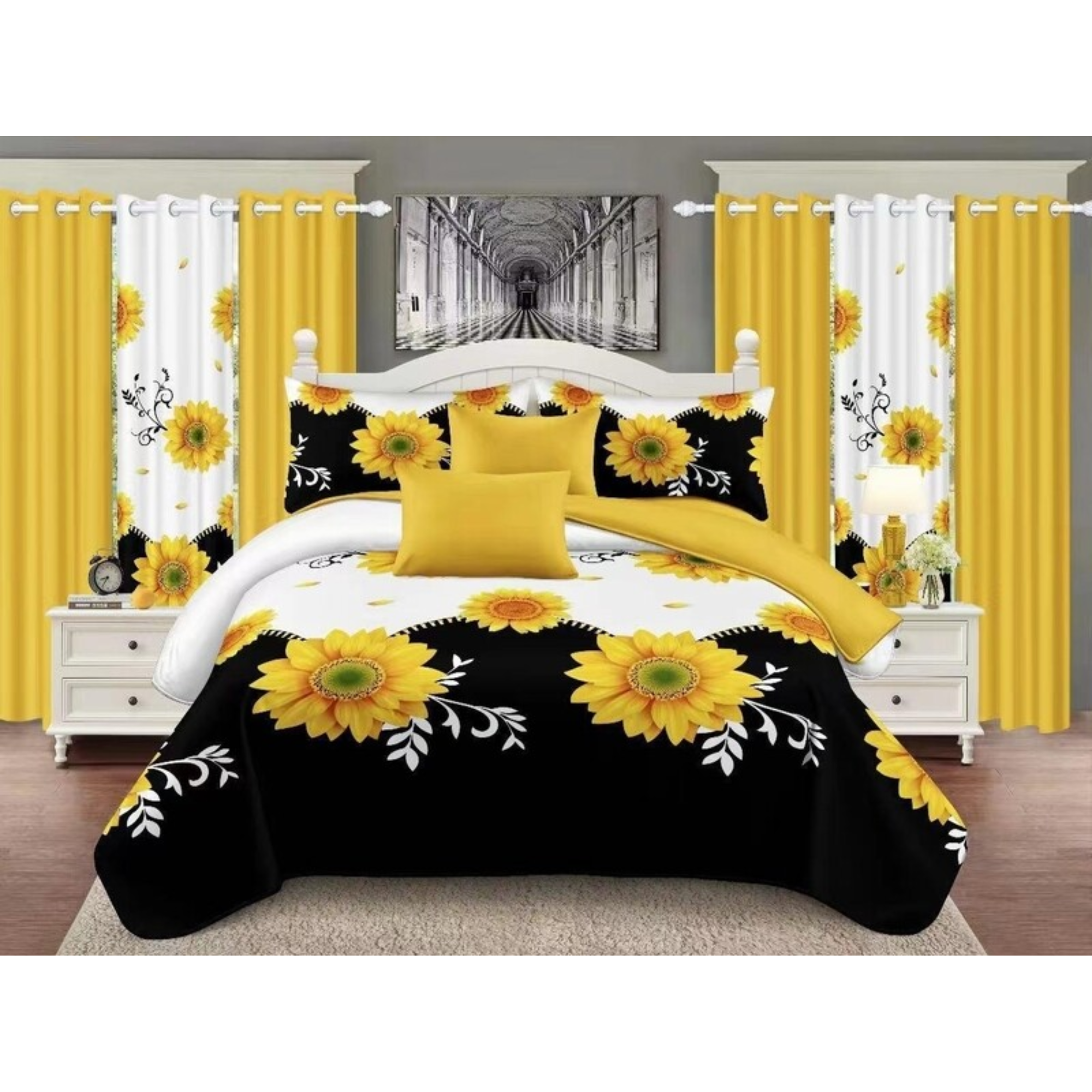 Luxury Queen Size Sunflower Bedding Set with Matching Curtains – Yellow, White & Black