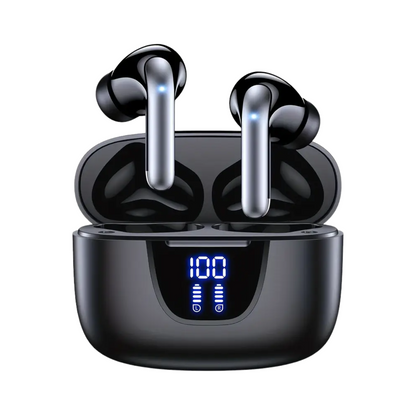 Auriculares inalámbricos Bluetooth con pantalla LED y estuche de carga (negros)