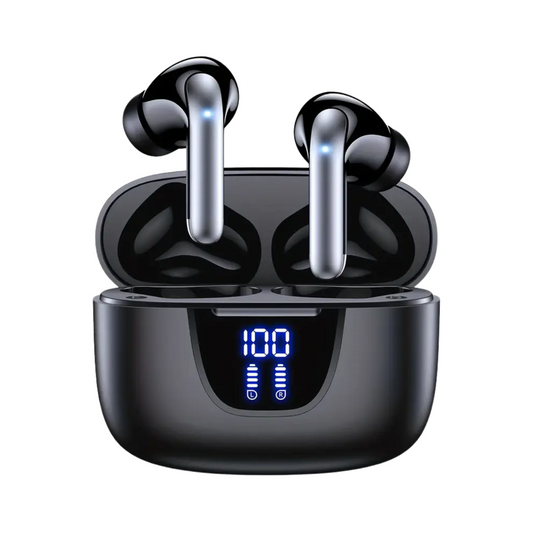 Auriculares inalámbricos Bluetooth con pantalla LED y estuche de carga (negros)