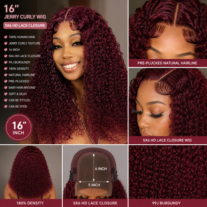 Perruque en cheveux humains Jerry Curly 5×6 HD Lace 16 po – Couleur bordeaux 99J