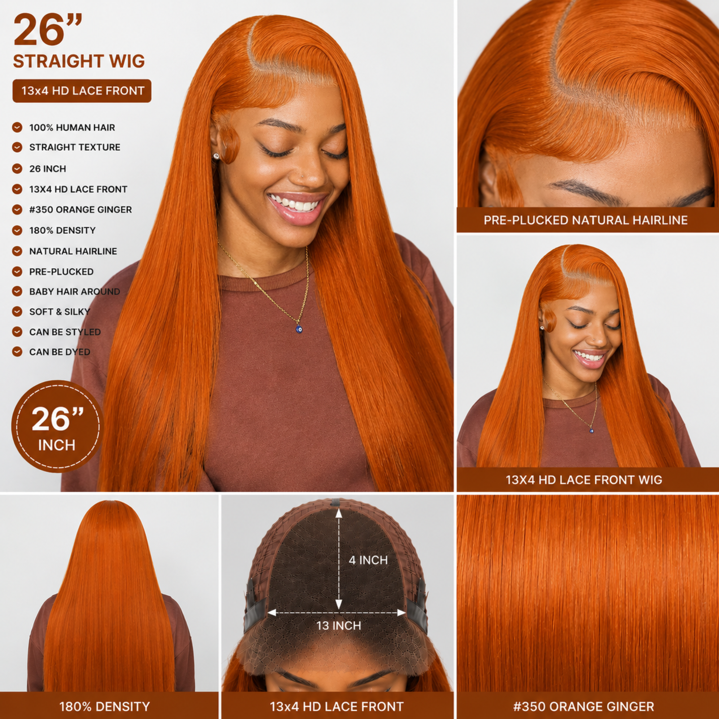 Perruque Lace Front 13x4 en Cheveux Humains Lisses – Couleur #350 Orange Gingembre, 26 po