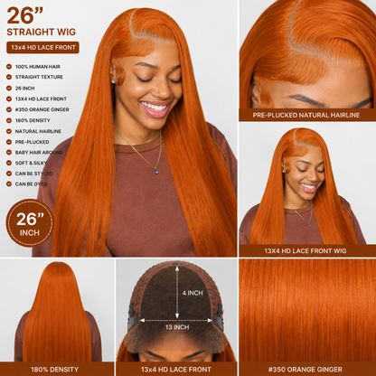 Perruque Lace Front 13x4 en Cheveux Humains Lisses – Couleur #350 Orange Gingembre, 26 po