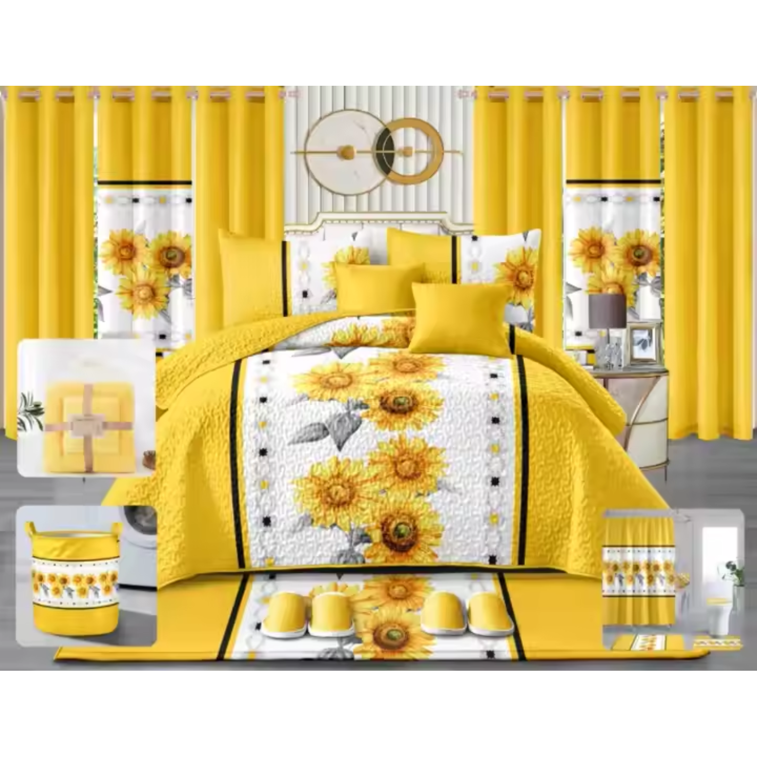 Lilianna – 24-Piece King Size Floral Bedding Set with Matching Curtains – Yellow Sunflower Design