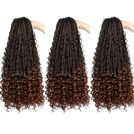 Long Boho Box Braids with Loose Curls – 18" Pre-Looped Crochet Hair, #T30 3-Pack Starter