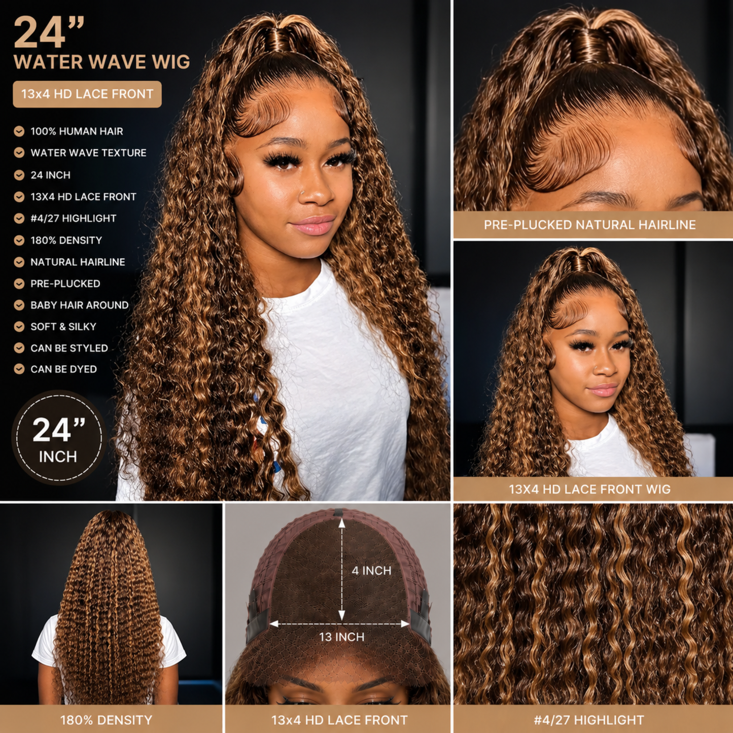 Perruque Lace Front Water Wave 13x4 24 po – Couleur #4/27 Méchée, Cheveux Humains Haute Densité 180 %