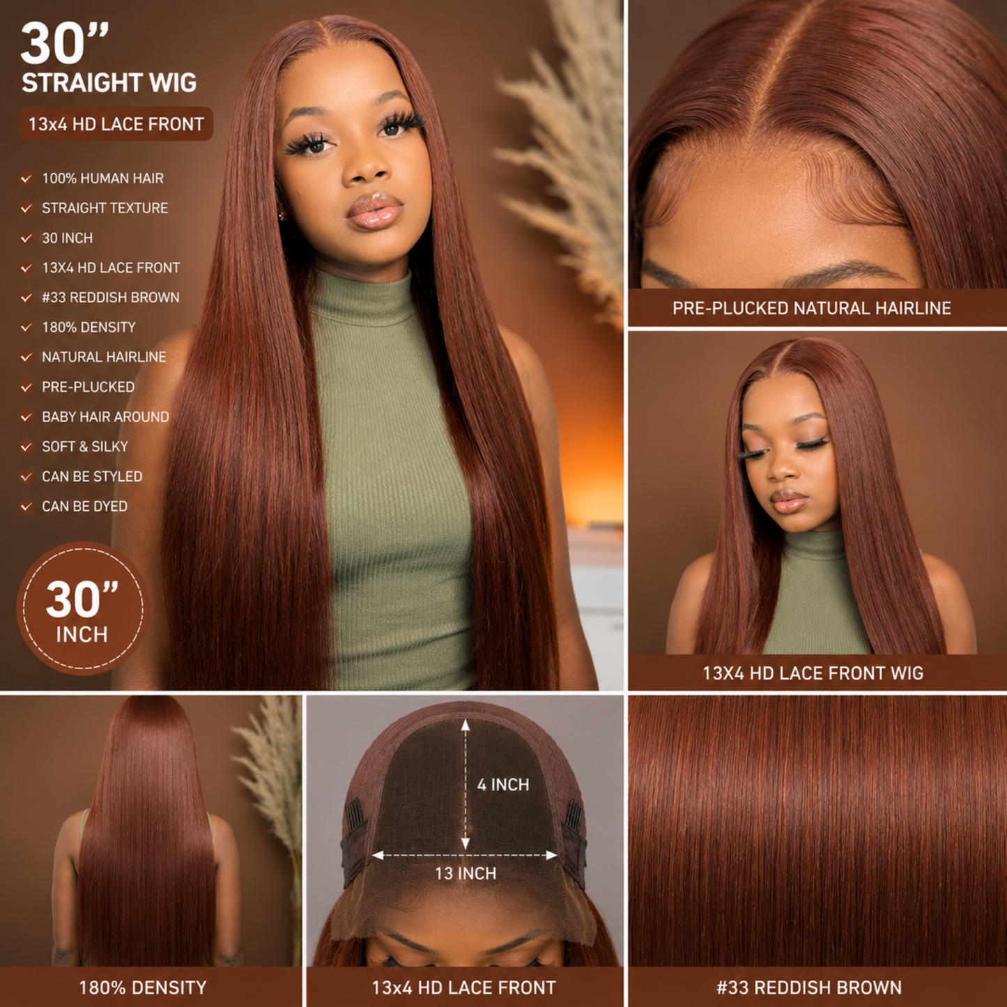 Perruque Lisse en Cheveux Humains Brun Rougeâtre #33 – Lace Front HD 13x4, 30 po, Densité 150 %