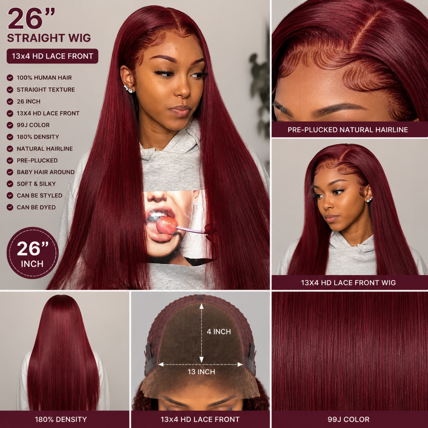 Perruque Lace Front en Cheveux Humains Lisses 99J – 26 po