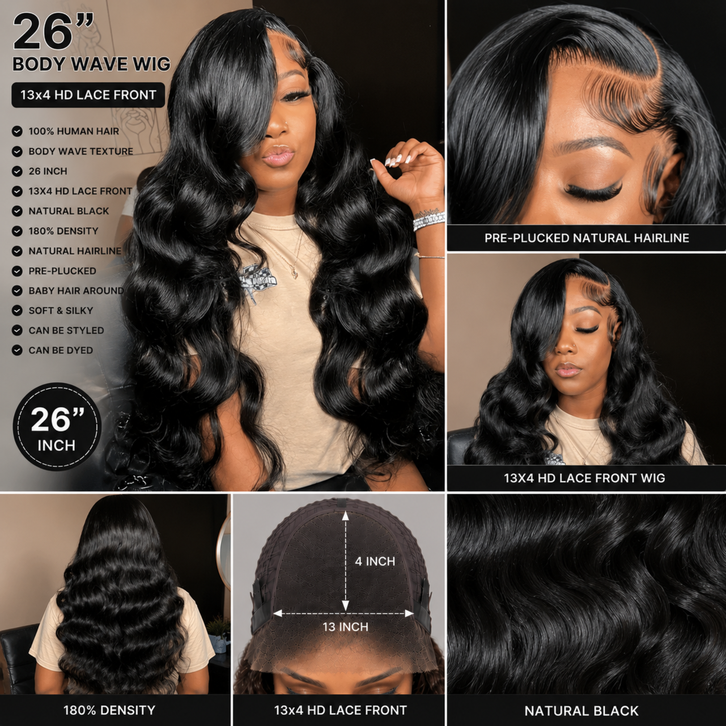 Perruque Lace Front en Cheveux Humains Body Wave 26" – Dentelle Suisse Transparente 13x4