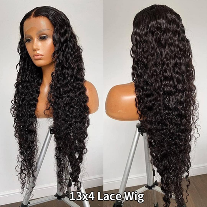 Natural Black Water Wave Human Hair Wig – Long 30″, 13×4 Lace Front, High Density