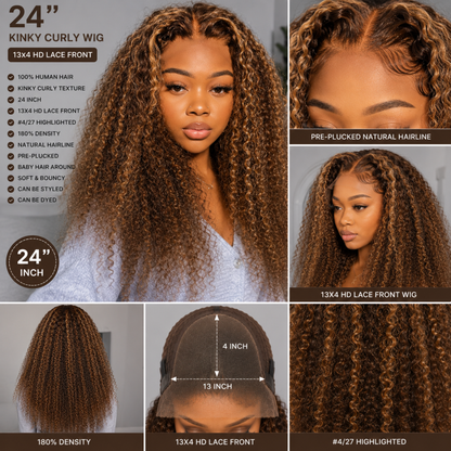 Perruque Lace Front Premium en Cheveux Humains Kinky Curly 24″ – HD 13x4, Mèches #4/27