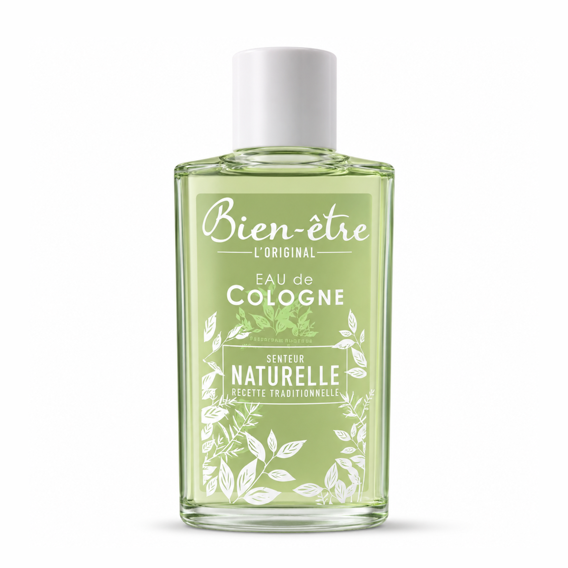 Green bottle of Bienêtre Eau de Cologne on a white background