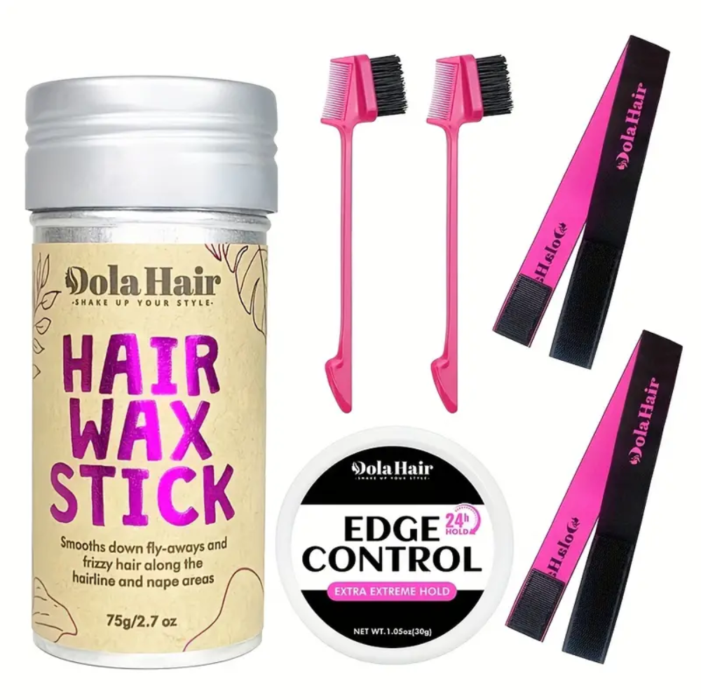 Dola Hair - Ensemble de bâtonnets de cire pour cheveux avec Edge Control, bandes fondantes pour dentelle et brosses pour bords