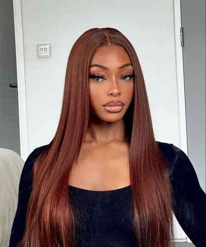 13×4 Lace Front Human Hair Wig – Sleek Straight 30″ #33 Dark Auburn Clessenza Beauty Store