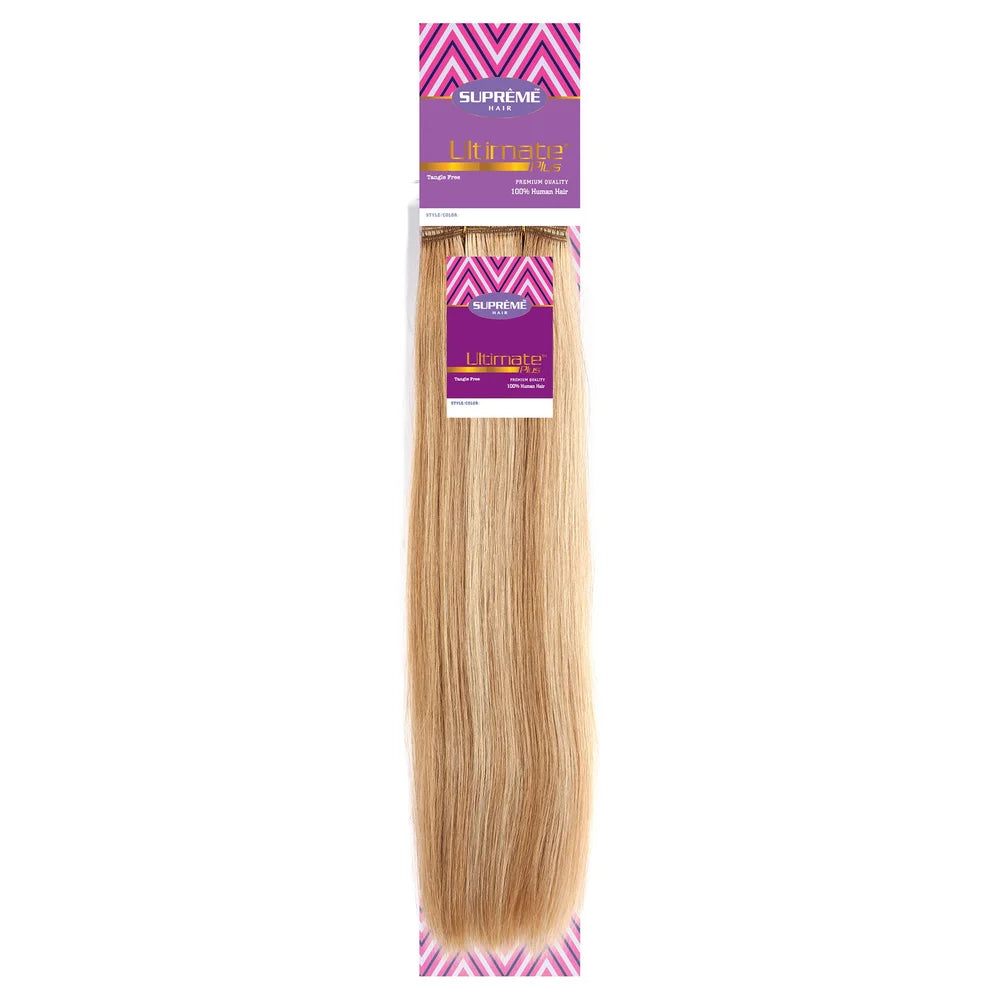 A package of Supreme Plus Straight Hair Clip-in Extensions in a light blonde shade, featuring a purple and pink chevron-patterned header card.