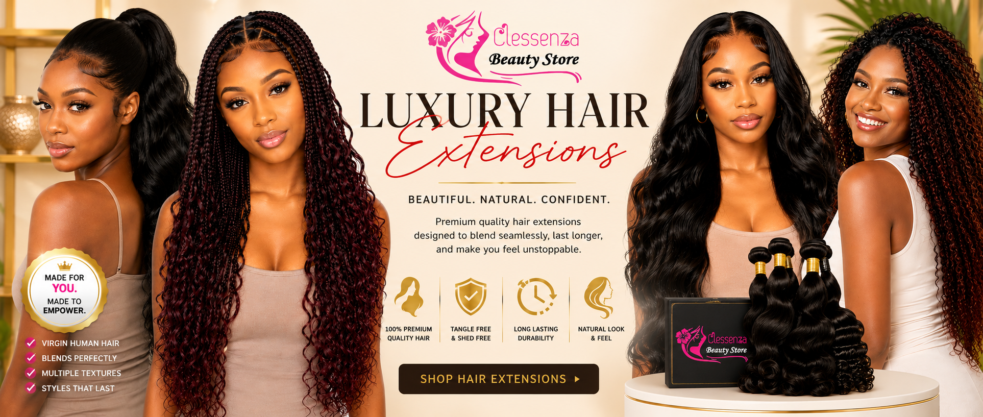 Advertisement for luxury hair extensions with models and product display.