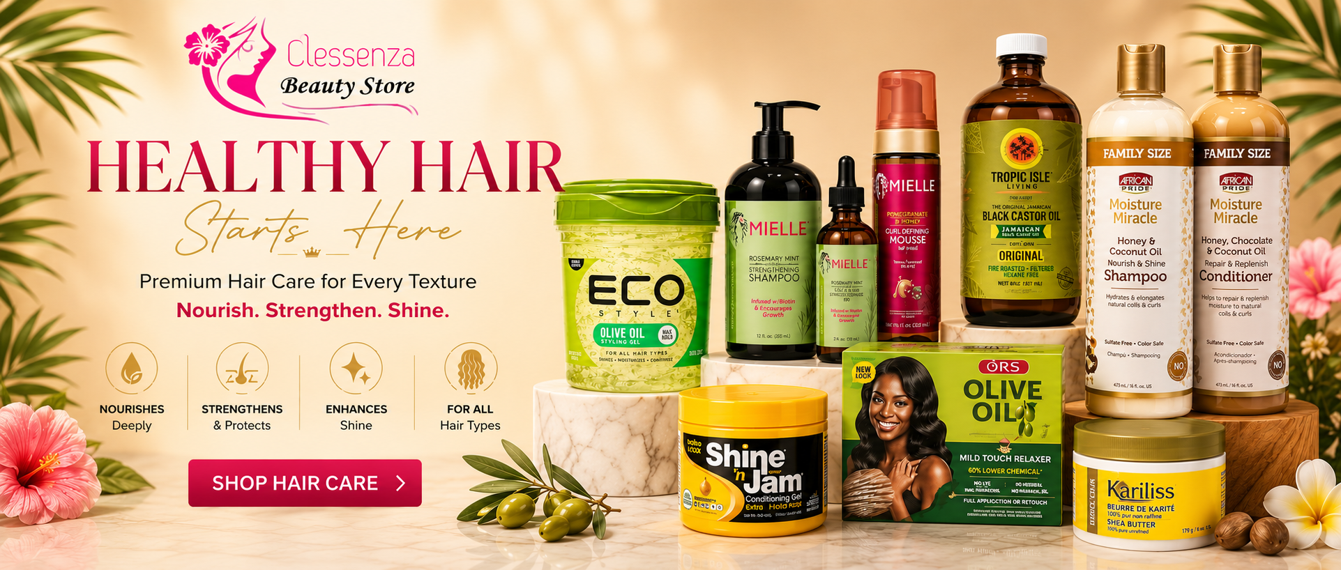Collection of hair care products from Lessenza Beauty Store on a warm-toned background with promotional text.