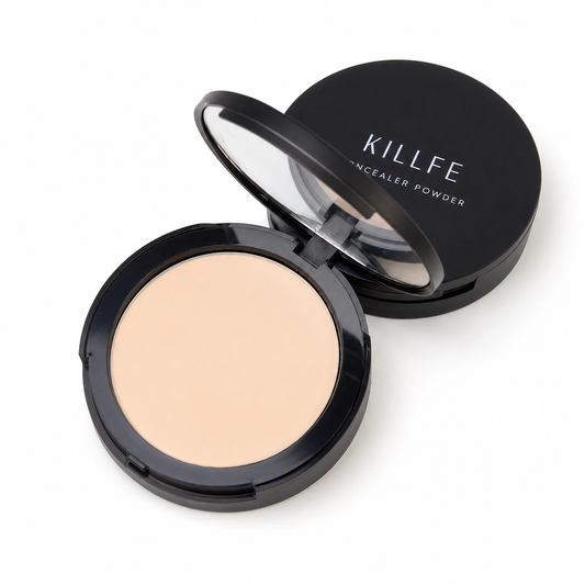 KILFIE concealer powder in a black compact on a white background