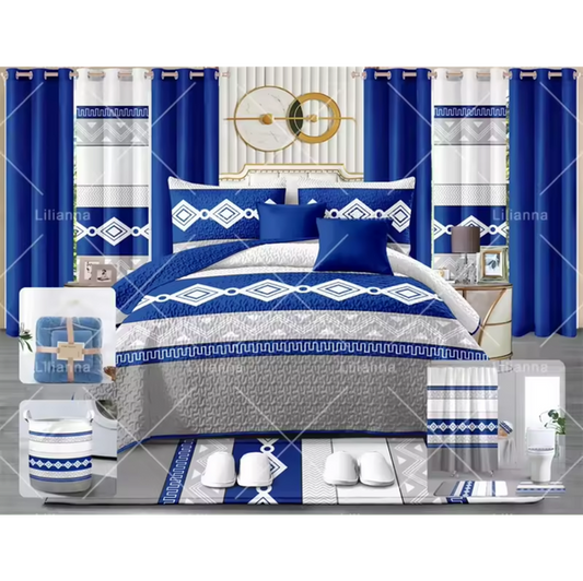 Lilianna – Juego de cama tamaño king de 24 piezas con cortinas a juego – Diseño geométrico azul 