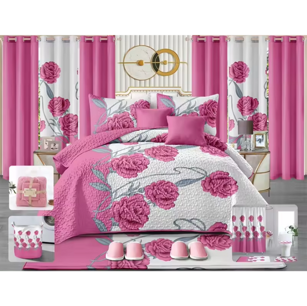 Lilianna – 24-Piece King Size Bedding Set with Matching Curtains – Pink Floral Bloom