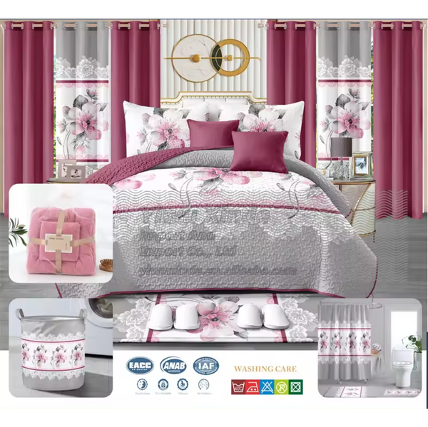Lilianna – 24-Piece King Size Bedding Set with Matching Curtains – Pink & Gray Floral