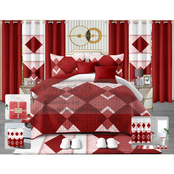 Lilianna – 24-Piece King Size Geometric Bedding Set with Matching Curtains – Red & White Diamond Pattern