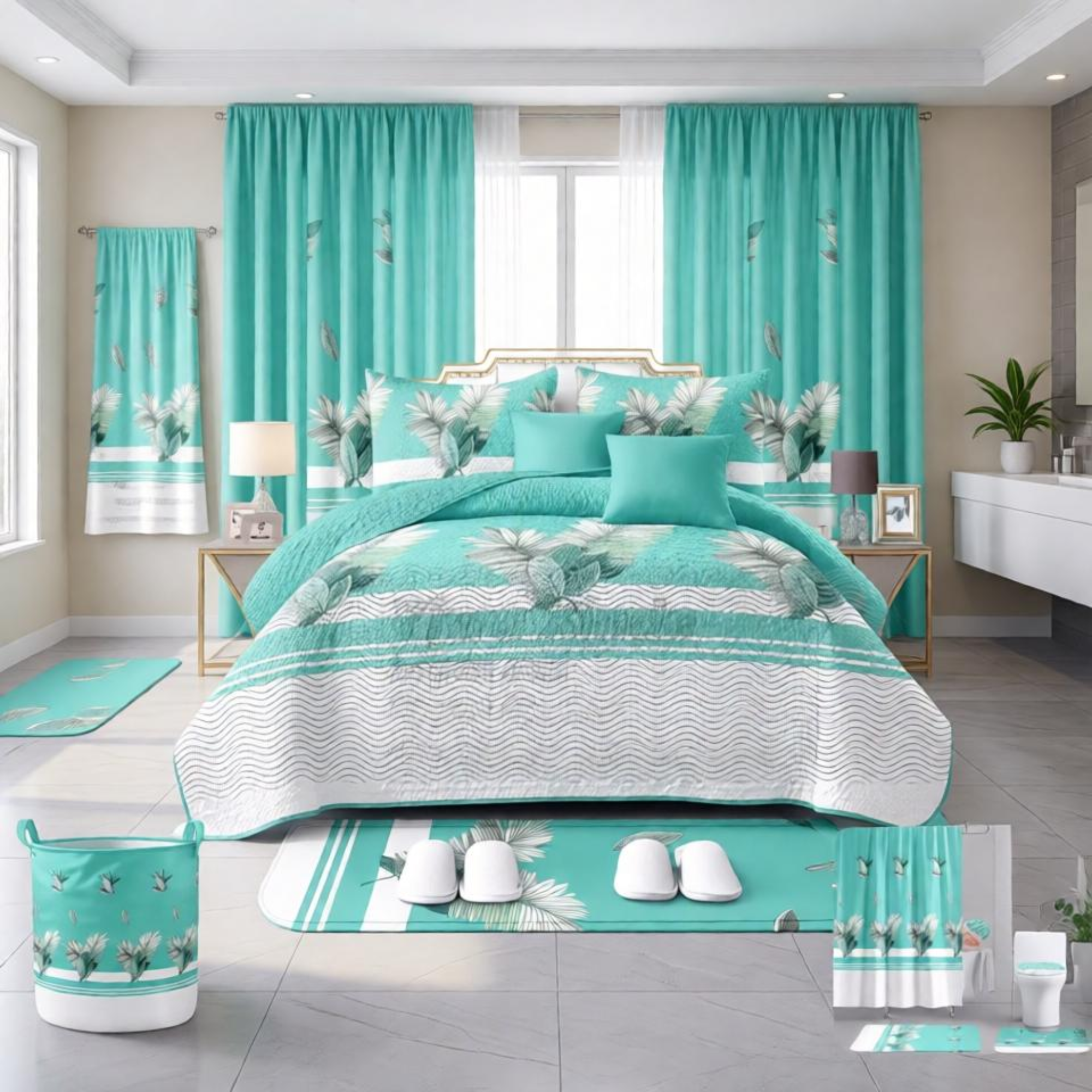 Lilianna 24-Piece King Size Bedding Set with Matching Curtains – Aqua Tropical Leaf Luxury Collection