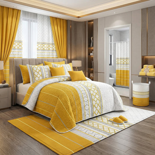 Lilianna 24-Piece King Size Bedding Set with Matching Curtains – Golden Lattice Luxury Collection