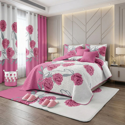 Lilianna 24-Piece King Size Bedding Set with Matching Curtains – Pink Rose Floral Luxury Collection