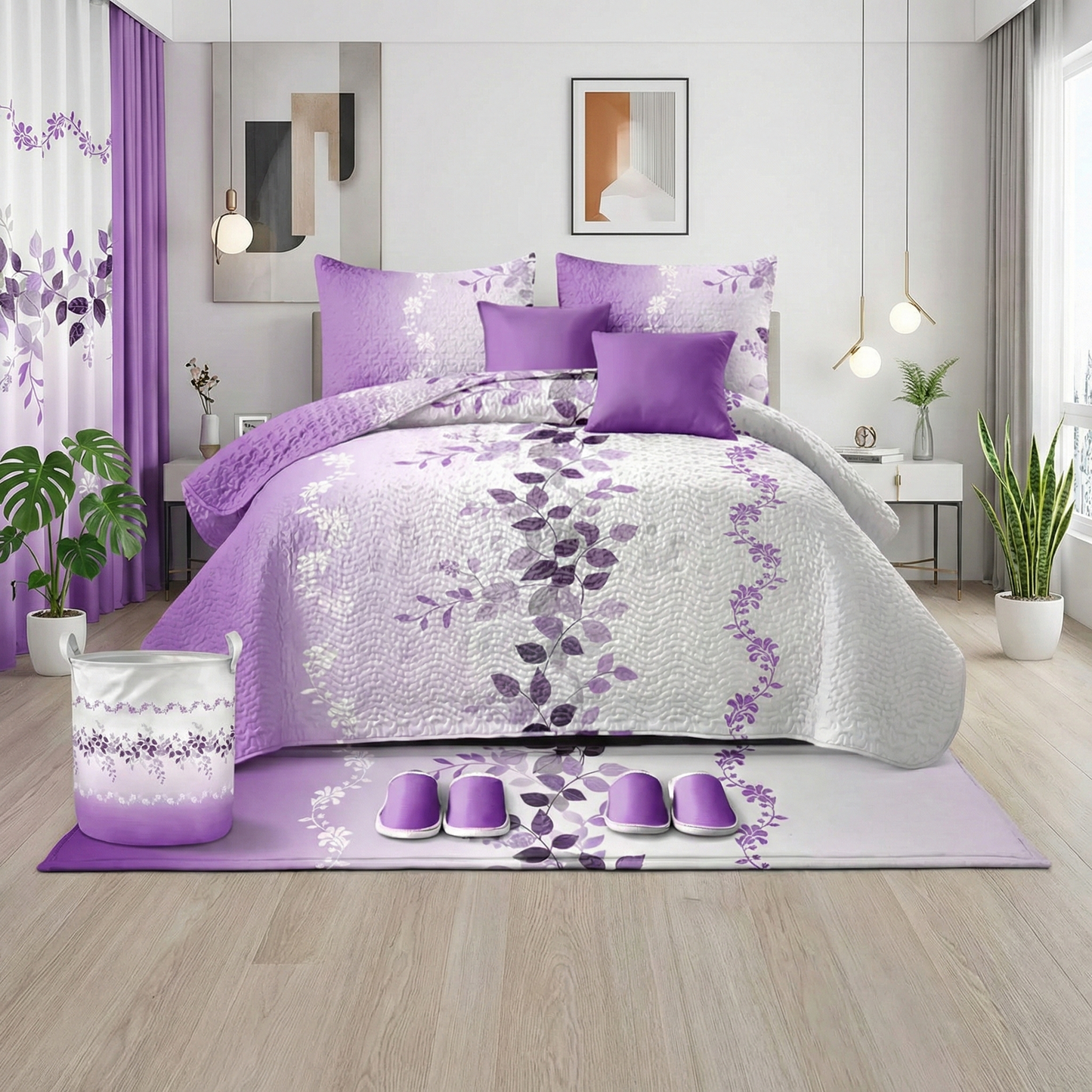 Ensemble de literie Lilianna 24 pièces pour lit king size avec rideaux assortis – Collection Luxe Florale Violette