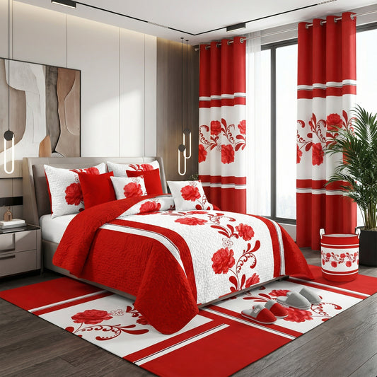 Lilianna 24-Piece King Size Bedding Set with Matching Curtains – Red Rose Floral Luxury Collection