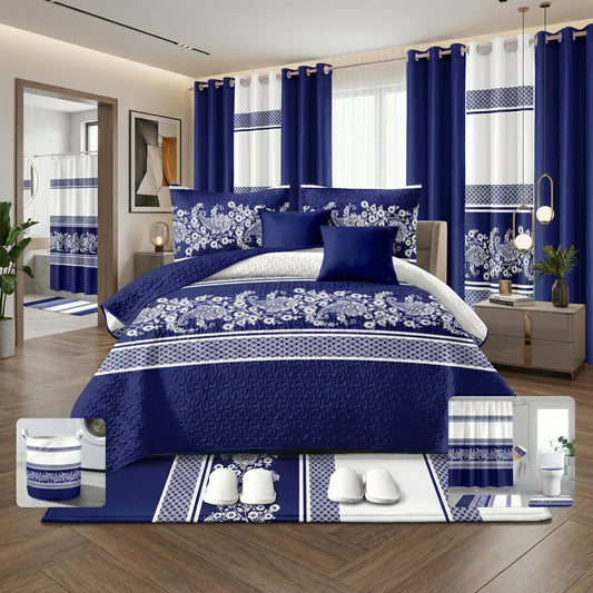 Lilianna 24-Piece King Size Bedding Set with Matching Curtains – Royal Blue Floral Luxury Collection