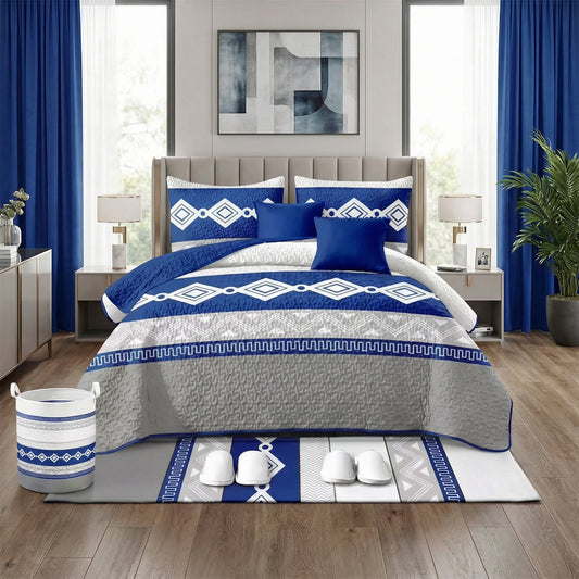 Lilianna 24-Piece King Size Bedding Set with Matching Curtains – Royal Blue Geometric Luxury Collection