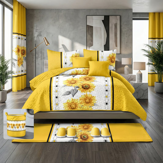 Lilianna 24-Piece King Size Bedding Set with Matching Curtains – Sunflower Yellow Floral Luxury Collection