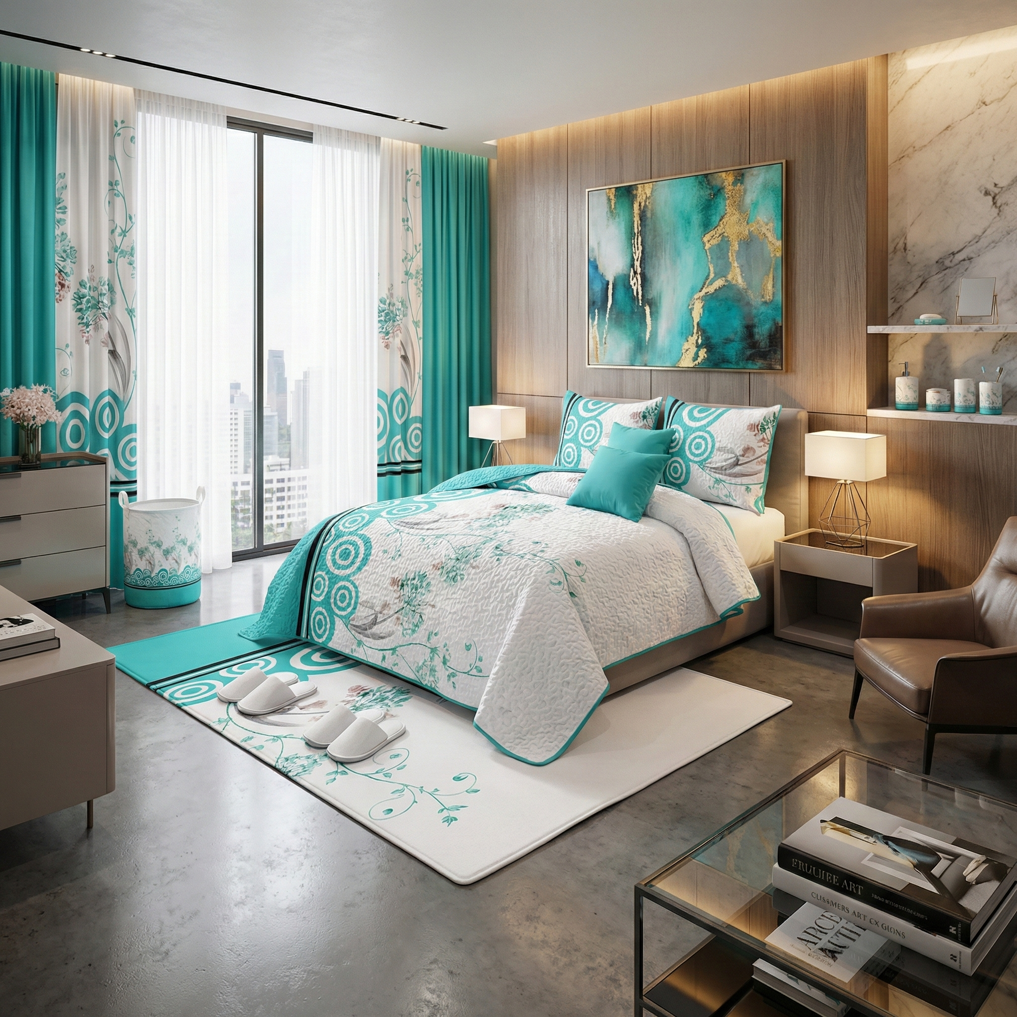 Lilianna 24-Piece King Size Bedding Set with Matching Curtains – Turquoise Floral Luxury Collection