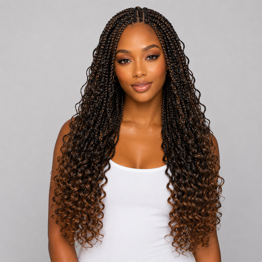 Long Boho Box Braids with Loose Curls – 18" Pre-Looped Crochet Hair, #T30
