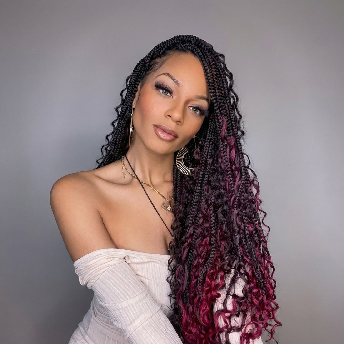 Long Boho Box Braids with Loose Curls – 18" Pre-Looped Crochet Hair, #TBUG 3-Pack