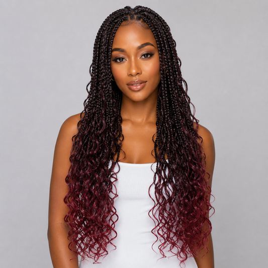 Long Boho Box Braids with Loose Curls – 18" Pre-Looped Crochet Hair, #TBUG