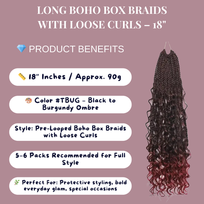 Long Boho Box Braids with Loose Curls – 18" Pre-Looped Crochet Hair, #TBUG 3-Pack