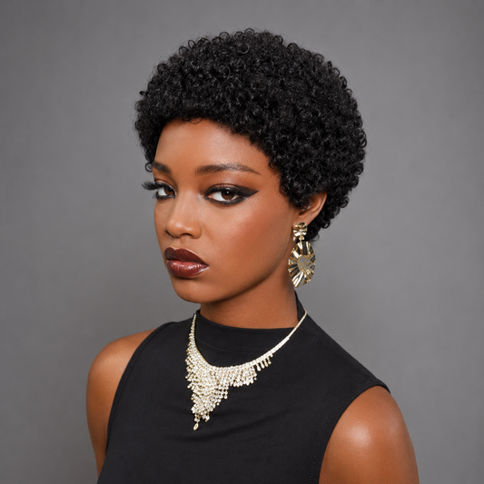 Perruque Pixie Courte Luxe Afro Kinky Bouclée en Cheveux Humains – 4 po Sans Lace, Noir Naturel, Densité 150 %