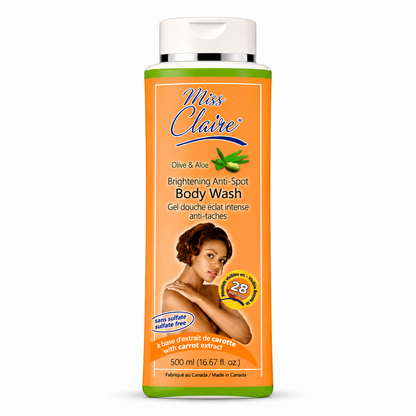 Miss Claire Olive & Aloe Brightening Anti-Spot Body Wash bottle on a white background