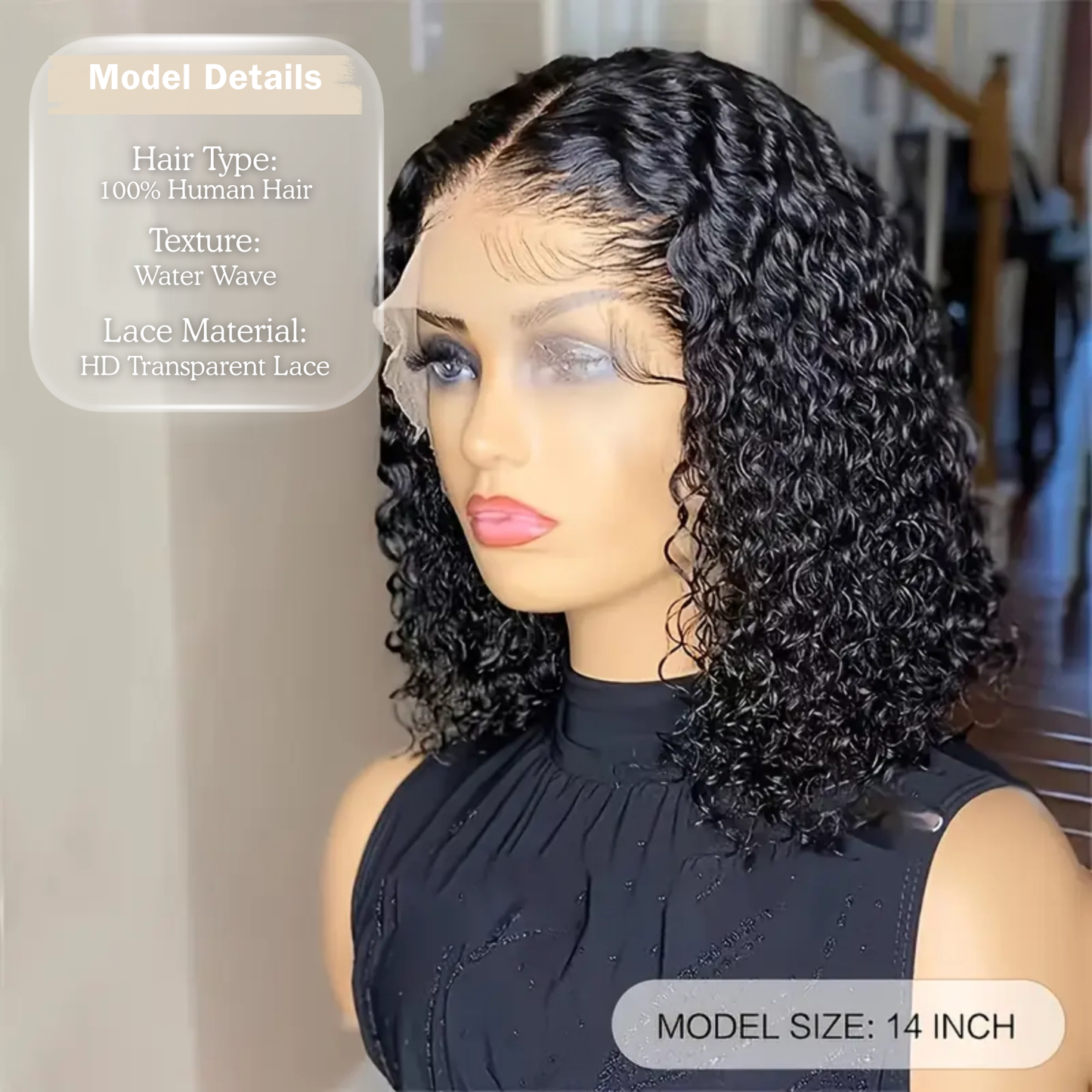 14″ Water Wave Bob Wig – 13x4 Lace Frontal Human Hair, Natural Black
