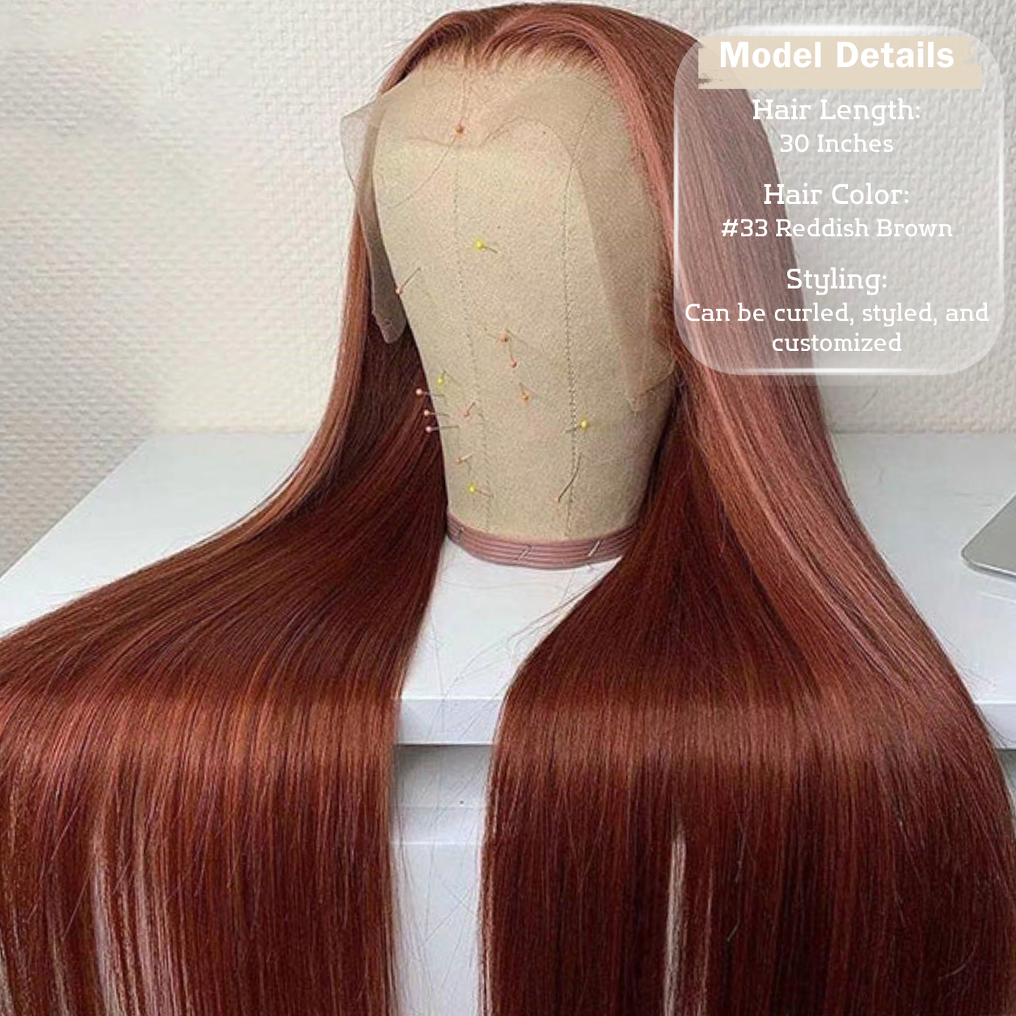 Perruque Lisse en Cheveux Humains Brun Rougeâtre #33 – Lace Front HD 13x4, 30 po, Densité 150 %
