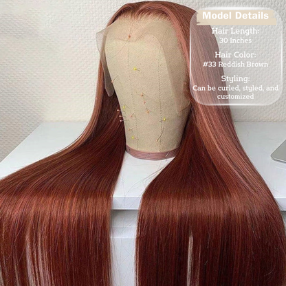 Perruque Lisse en Cheveux Humains Brun Rougeâtre #33 – Lace Front HD 13x4, 30 po, Densité 150 %