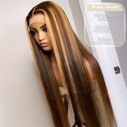 Perruque Lace Front en Cheveux Humains 24″ – Texture Lisse, Lace HD 13×4, Mèches #4/27