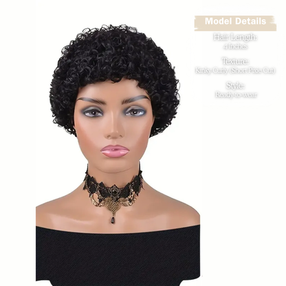Perruque Pixie Courte en Cheveux Humains Noir Naturel – Coupe Kinky Curly Prête à Porter