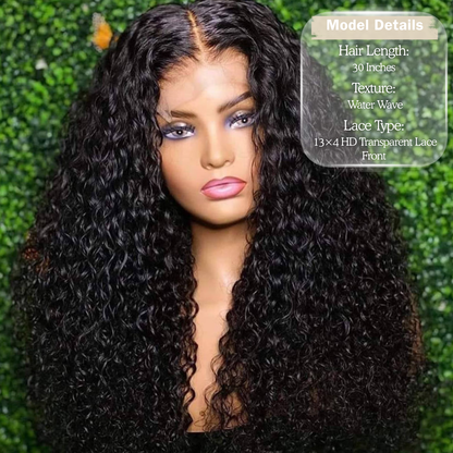 Natural Black Water Wave Human Hair Wig – 30 Inch, 13×4 Lace Front, High Density